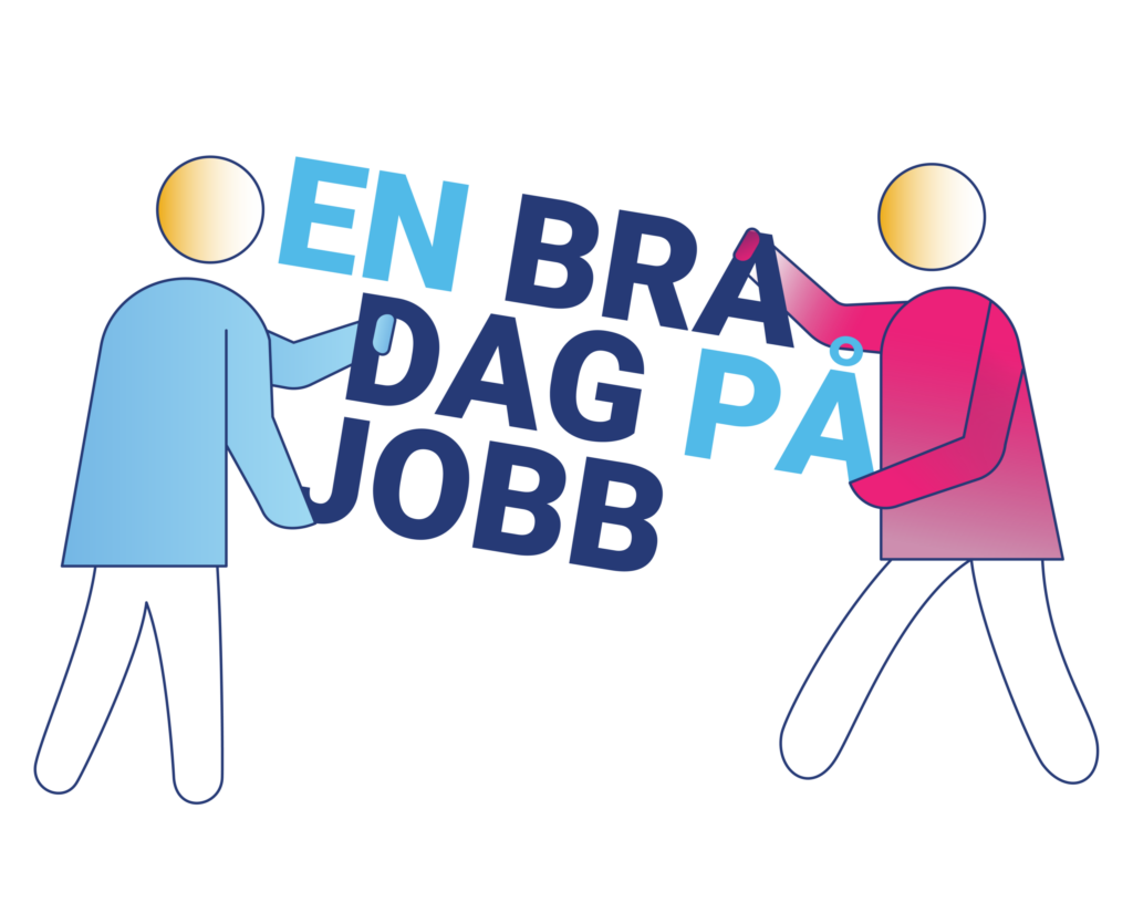 Illustrasjon av to menneskefigurer som sammen holder logoen til En bra dag på jobb
