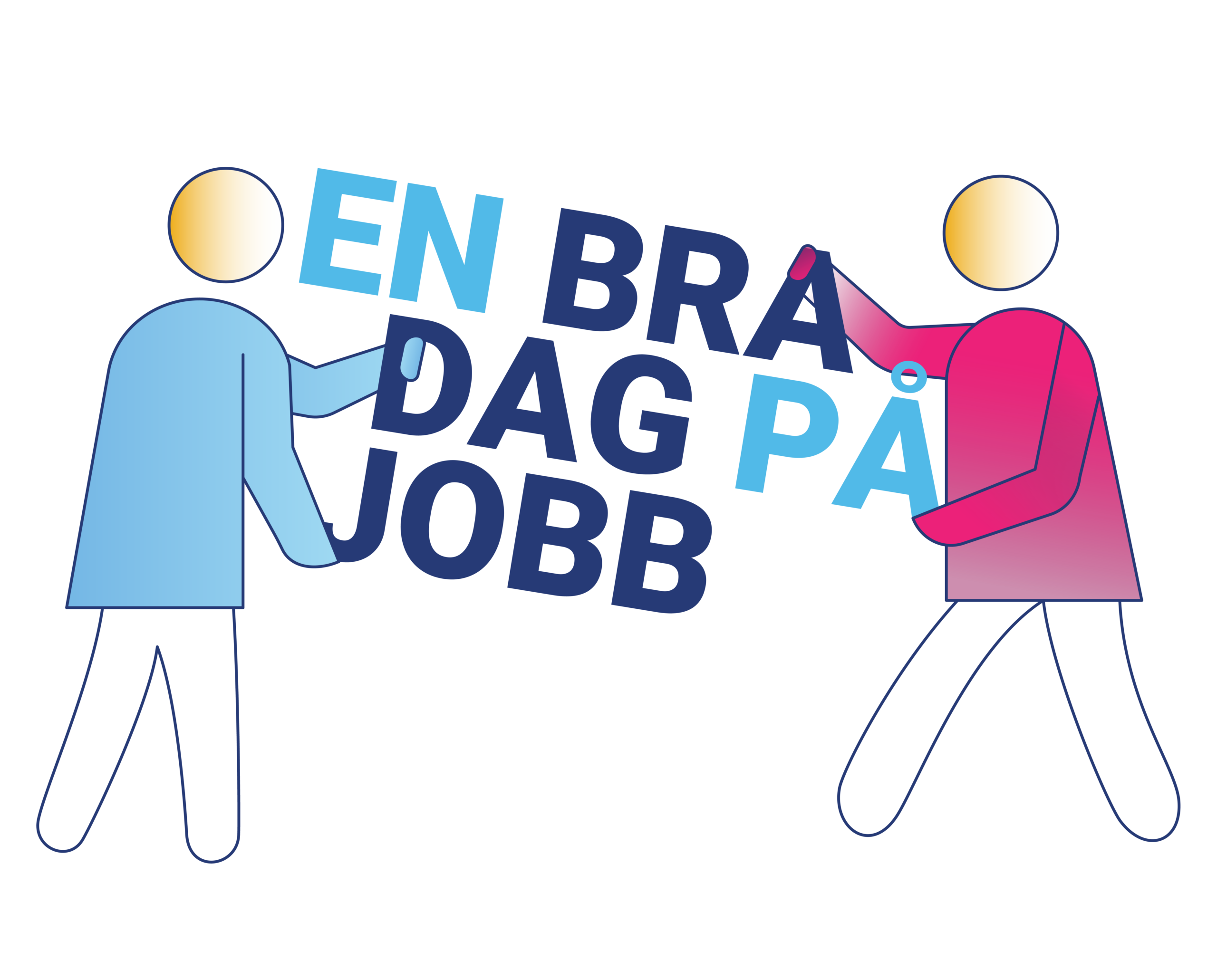 Illustrasjon av to menneskefigurer som sammen holder logoen til En bra dag på jobb